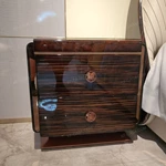 Striped Natural Wood Veneer Nightstand with Burl Top & Rose Gold Accents